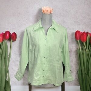 Relativity 100% Linen Light Green Collared V Neck Snap 3/4 Sleeve Shirt